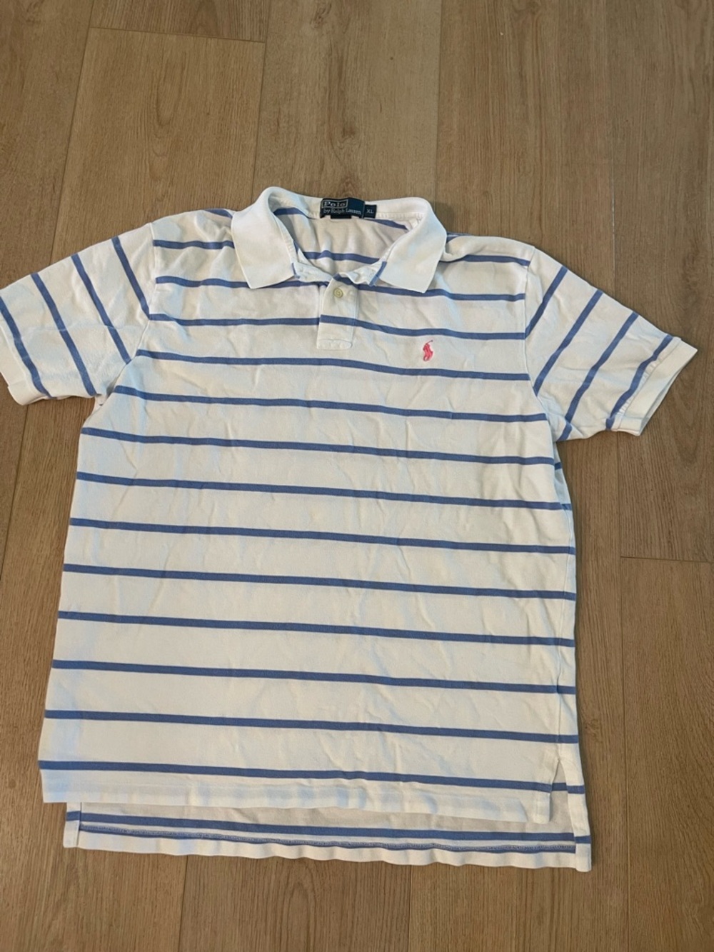 Ralph Lauren White Polo with Light Blue Stripes and Pink Pony